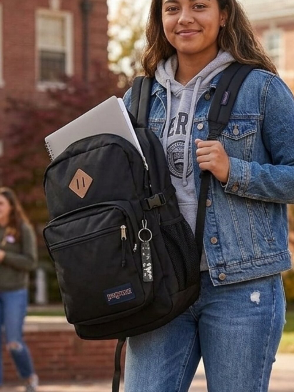 Jansport Backpack Unisex Size Large Black Leather Diamond Patch-Brown (with two